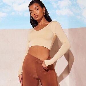 Tan long sleeve crop top from PrettyLittleThing size 8